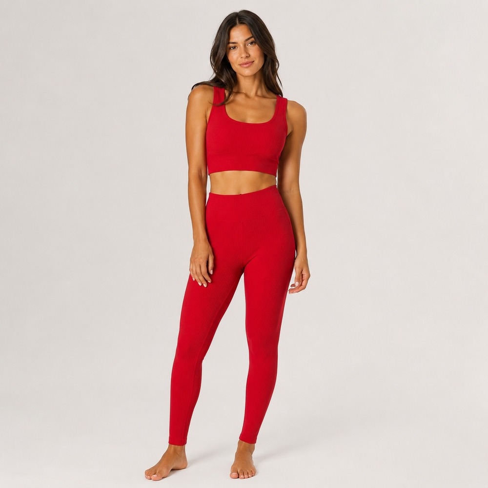 Unbranded Ribbed Seamless Activewear Set Womens Small Red Yoga Gym Leggings Bra